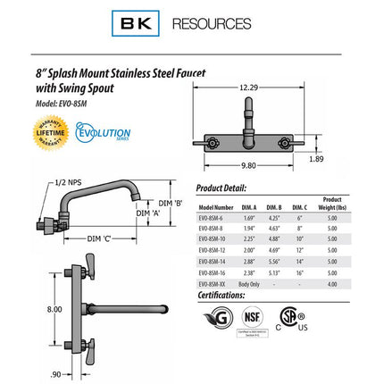 Evolution Splash Mount Stainless Steel Faucet, 4.69" Height/12" Reach, Stainless Steel