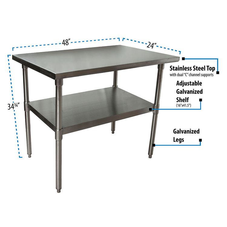 Stainless Steel Flat Top Work Tables, 48w x 24d x 36h, Silver, 2/Pallet