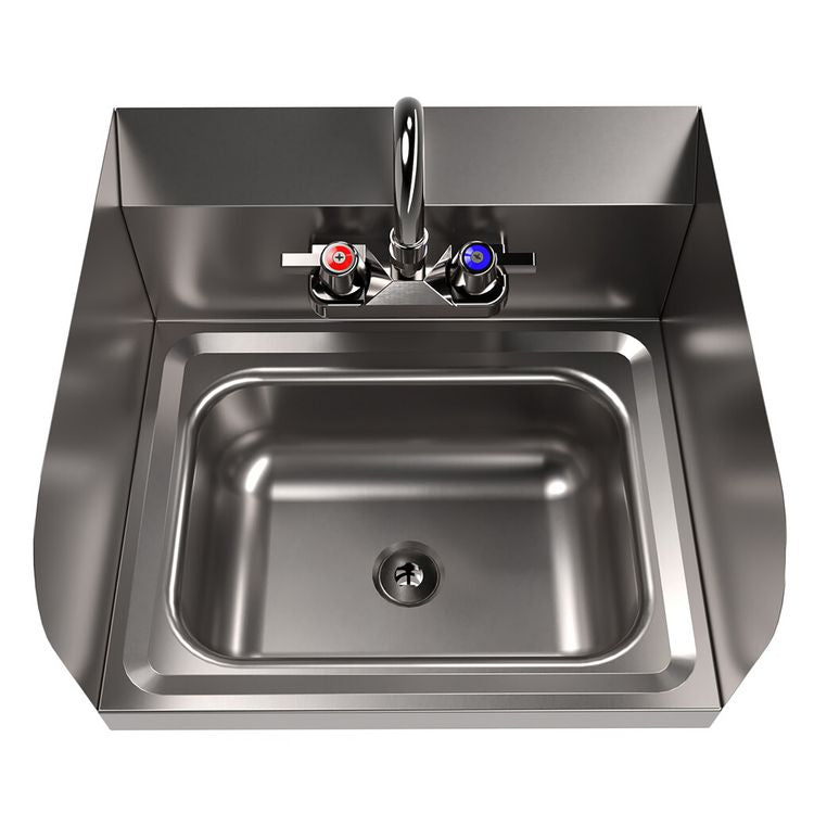 Stainless Steel Hand Sink with Side Splashes and Faucet, 14" l x 10" w x 5" h