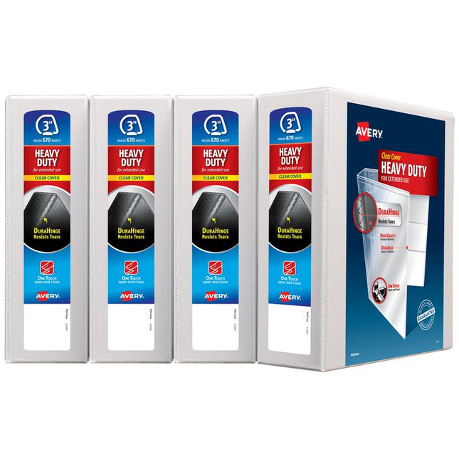 Heavy-Duty View Binder with DuraHinge and Locking One Touch EZD Rings, 3 Rings, 3" Capacity, 11 x 8.5, White, 4/Carton