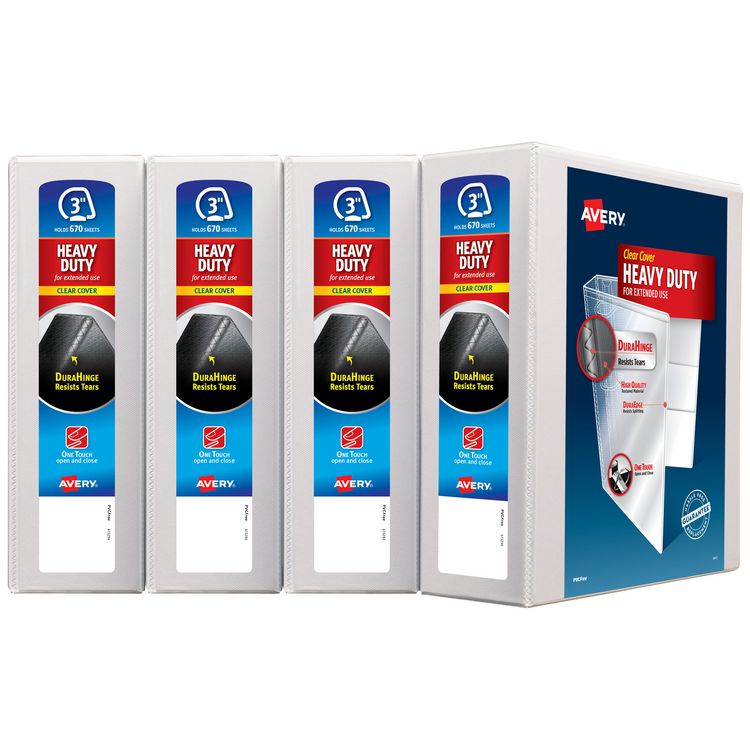 Heavy-Duty View Binder with DuraHinge and Locking One Touch EZD Rings, 3 Rings, 3" Capacity, 11 x 8.5, White, 4/Carton