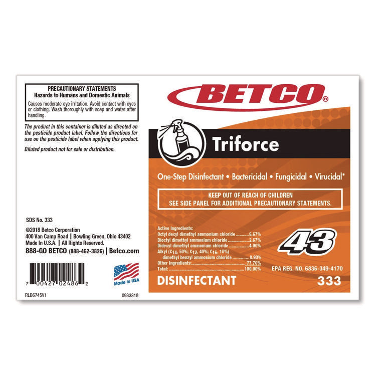 Triforce Disinfectant, Fresh Scent, 2 L Bottle, 4/Carton