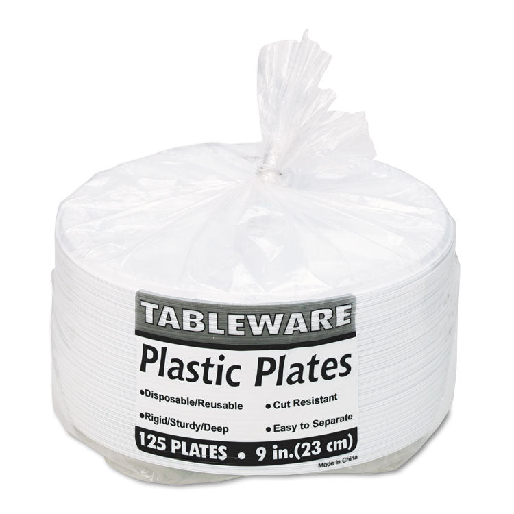 Plastic Dinnerware, 3-Compartment Plates, 9" dia, White, 125/Pack