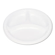 Plastic Dinnerware, 3-Compartment Plates, 9" dia, White, 125/Pack