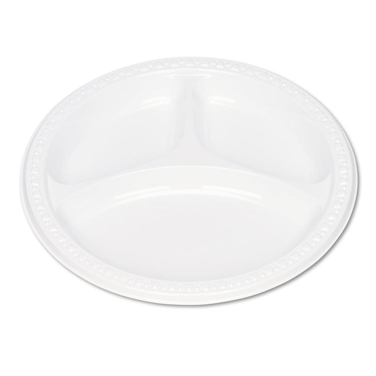 Plastic Dinnerware, 3-Compartment Plates, 9" dia, White, 125/Pack
