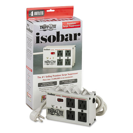 Isobar Surge Protector with Diagnostic LEDs, 4 AC Outlets, 6 ft Cord, 3,330 J, Light Gray