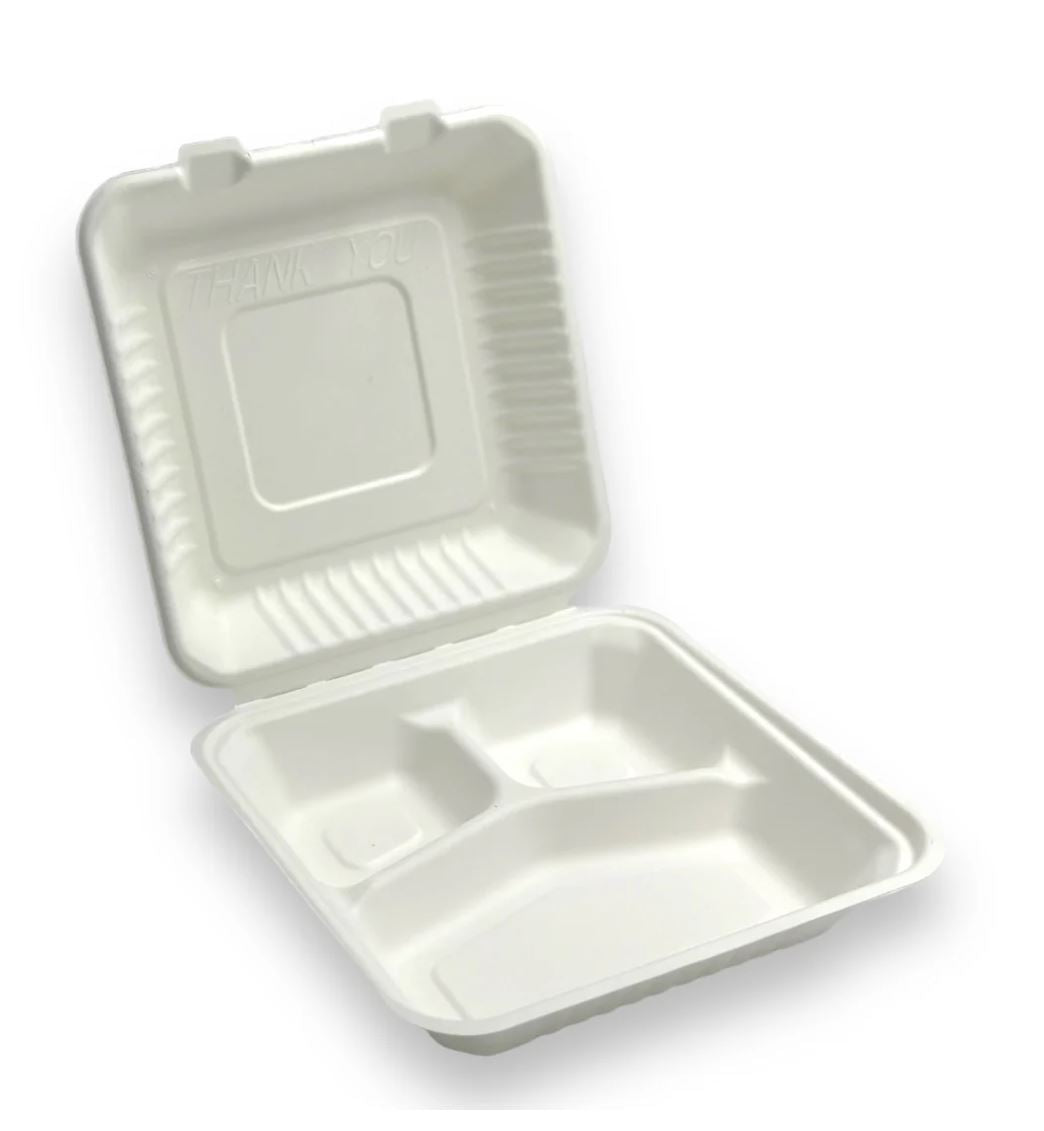 9x9x3 Biodegradable Three Compartment Hinged Containers 200 CT