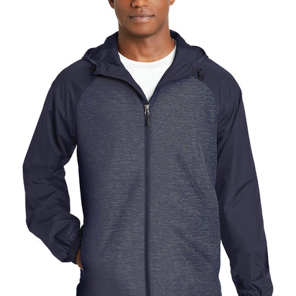 Sport-Tek ® Heather Colorblock Raglan Hooded Wind Jacket. JST40